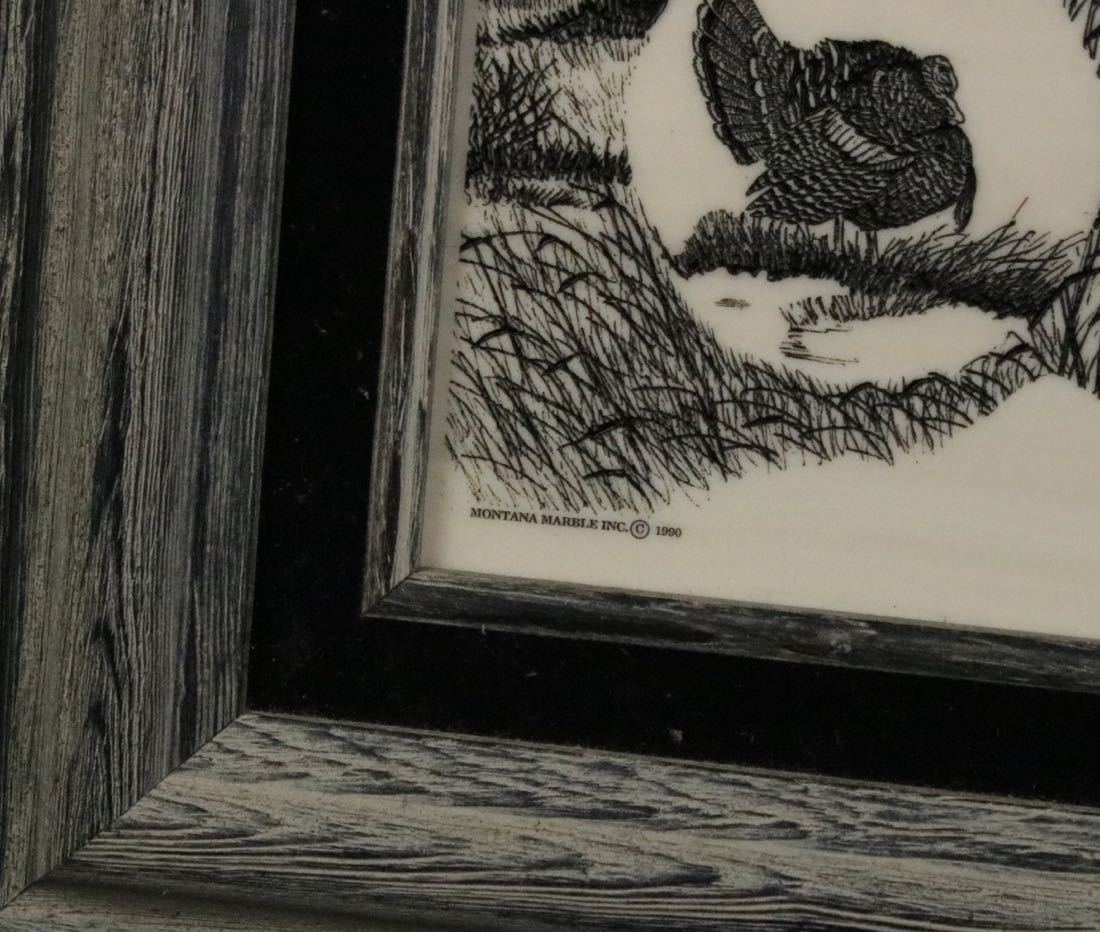 Framed Montana Marble Inc Etched Artwork, Turkey and Pheasant Wildlife 1990
