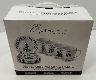 New Elise Ceramic Christmas Cups & Saucers Set of 4 Green Designs
