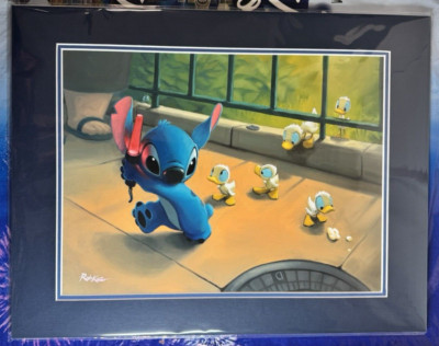 2023 Disney Parks Stitch With Ducks In A Row Matted Print 14x18'' Rob Kaz