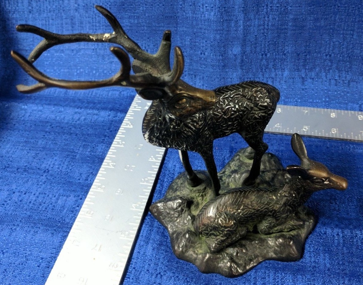 VINTAGE BRONZE METAL SCULPTURE DEER ELK FAWN 4'' X 5'' X 7'' high
