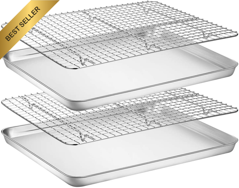 Baking Sheet w/ Rack Set 2 Pans 2 Racks Stainless Steel Cookie Pan Tray 16X12X1