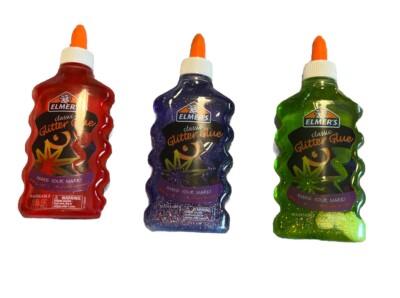 3 Elmers Glitter Glue - Slime Making Or School 6oz Bottles Green Purple Red