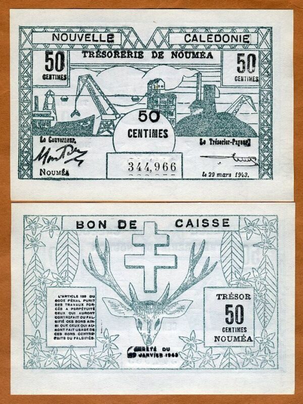 New Caledonia, 50 Centimes, P-54, 1943 WWII, Scarce in UNC