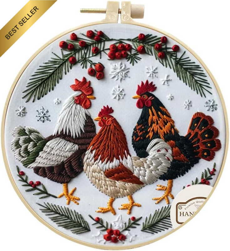 Chicken Rooster Animal Embroidery Kit Starter Set, Hand Embroidery Set,Pattern P