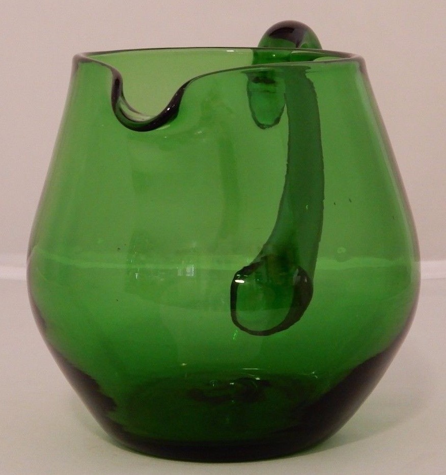 Vintage Hand Blown Forest Green Glass Pitcher with Applied Handle