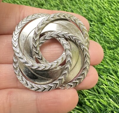 Vintage Silver Tone intertwined Metal Circles Spiral Geometric Brooch Pin Read