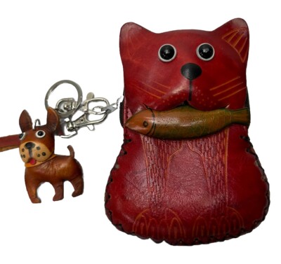 Happy Cat Leather W/ Wood Fish Wristlet Wallet Change Coin Purse Zip Dog Charm