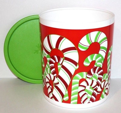 Tupperware Canister D One-Touch 17 Cup w/ Green Seal Red Candy Cane Christmas