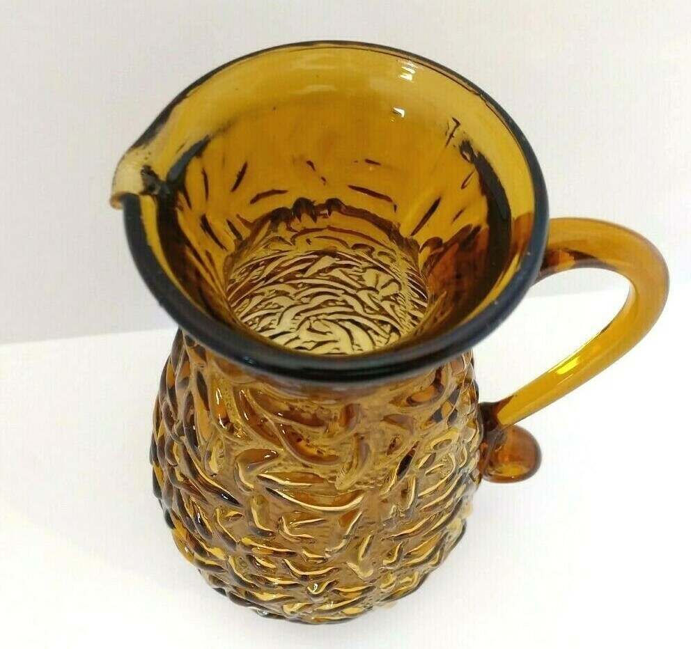 Vintage Amber Glass Beverage Pitcher Decorative Handle Sandwich Pattern 6