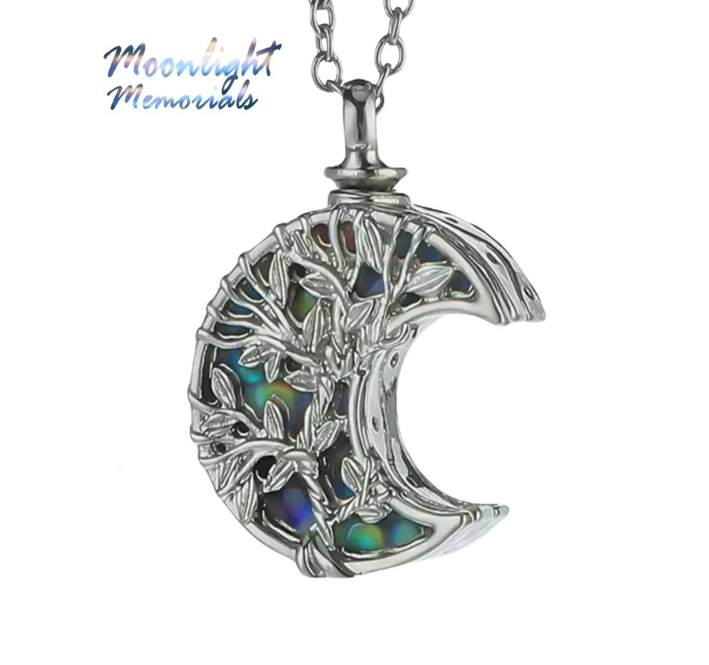 New Moon Crescent Tree Celtic Cremation Urn Keepsake Ashes Memorial Necklace