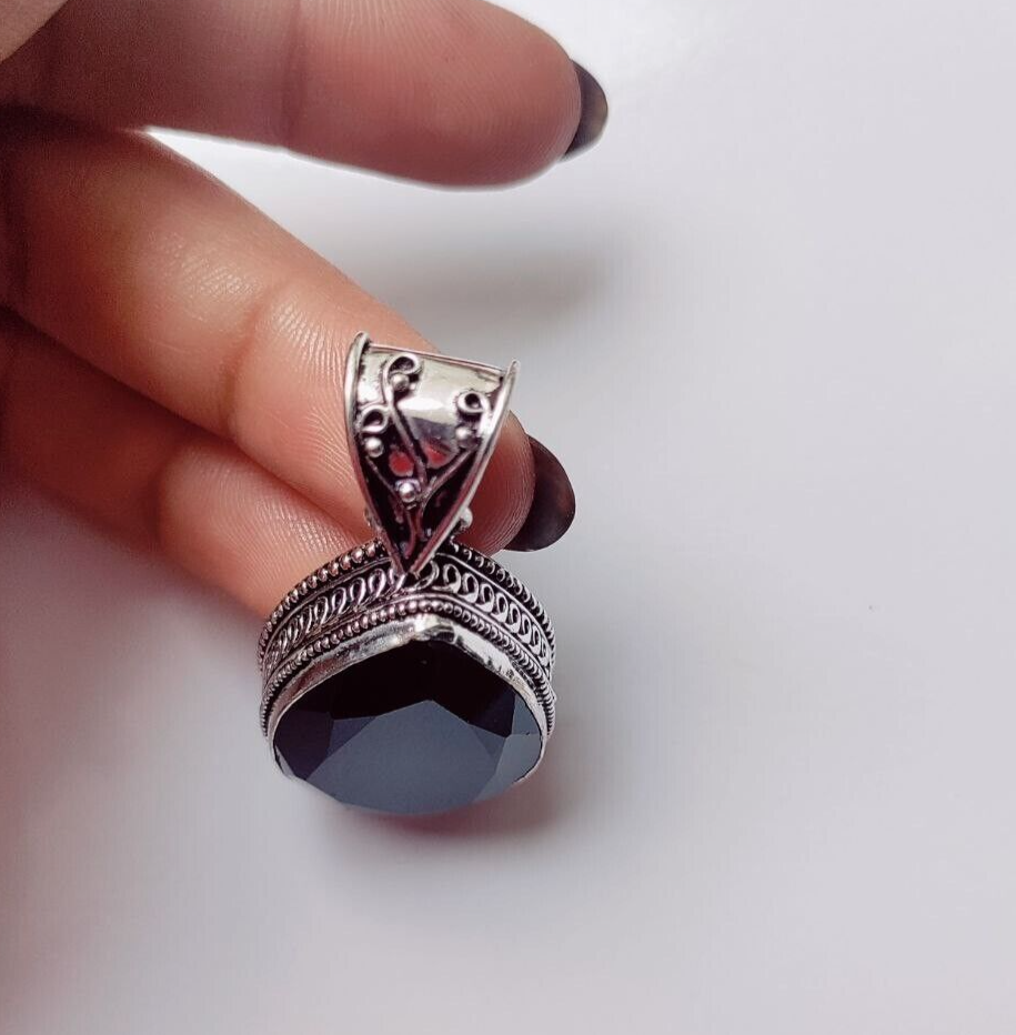 Black Onyx Gemstone 925 Sterling Silver Ethnic Handmade Jewelry Pendant 1.90"