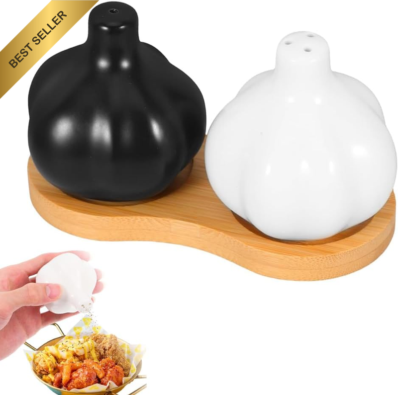 Set of 2 Garlic Shape Ceramic Salt and Pepper Jars, Black and White Kitchen Spic