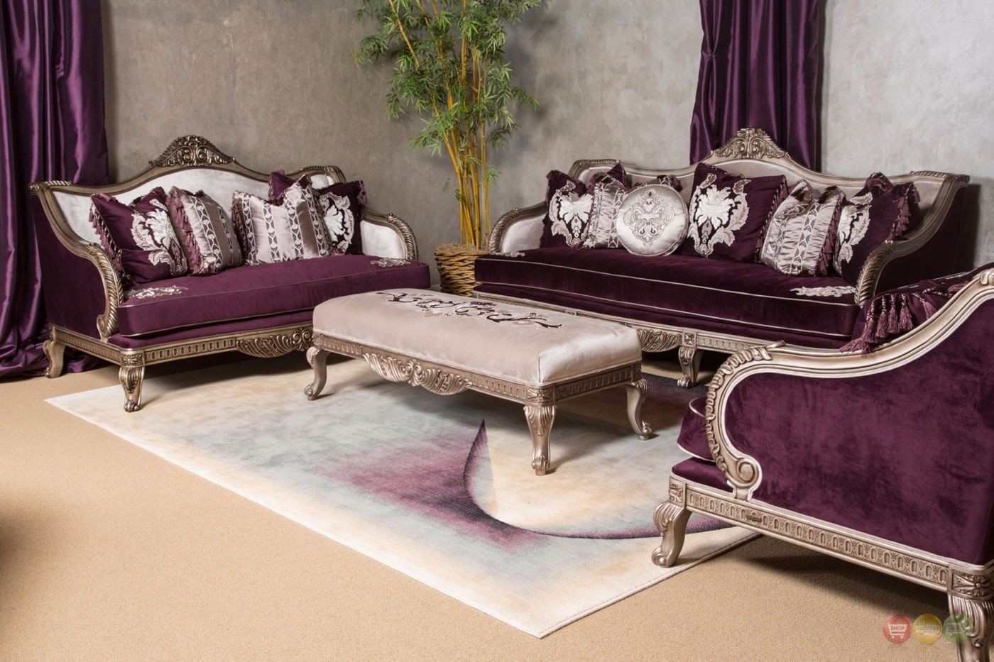 Lisette Antique Style Carved Wood Royal Purple Fabric Sofa