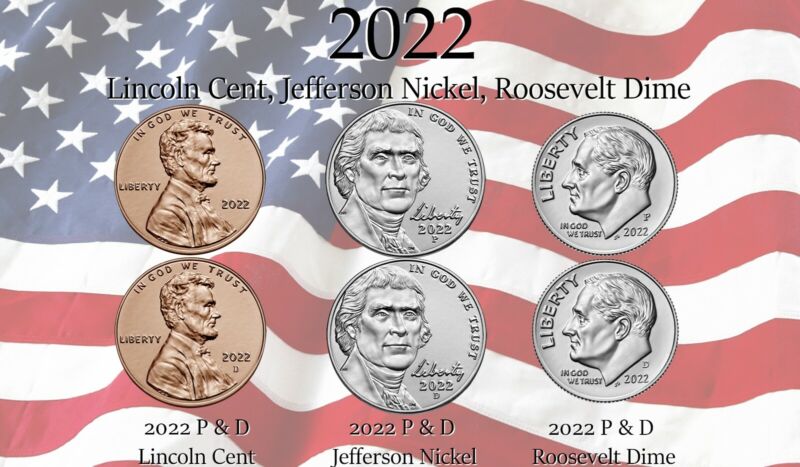 LIVE 2022 P D Lincoln Cent Penny, Jefferson Nickel, Roosevelt Dime Update Set