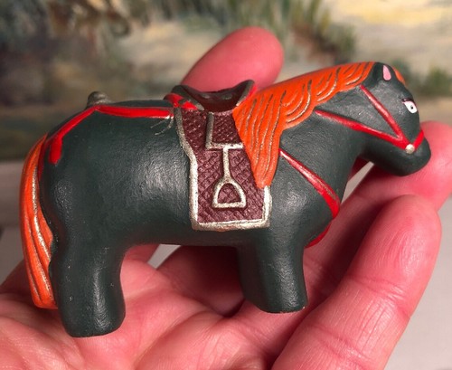 Horse Figurine Terra Cotta Pottery Clay Painted 3.25” L X 2” H Collectible