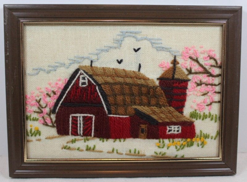 Vintage Needlepoint Crewel Embroidery Red Barn Farm  Spring Finished & Framed