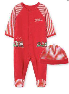 Little Me Baby Boys Red Christmas Train Footies & Hat Set Infant 3 months
