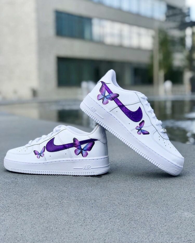 Pre-owned Nike Air Force 1 Purple Glitter Butterfly Low White Custom Shoes All Sizes