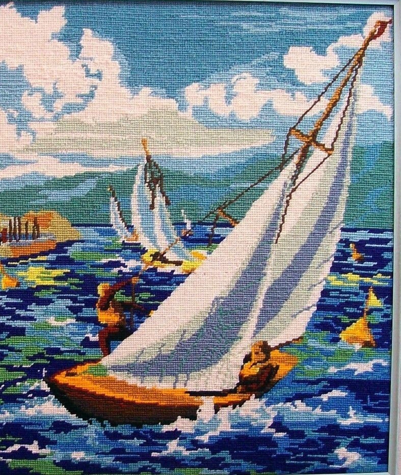 Sailboat Needlepoint Framed Artwork Handmade Vintage 1960s 1970s Seascape Boats