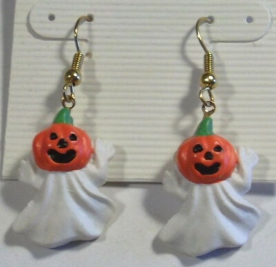 Halloween Jack-O-Lantern Ghost Dangle Earrings on Fish Hook Made in USA NEW