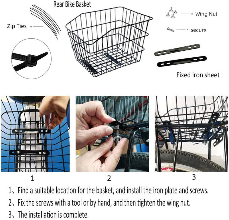 ANZOME Rear Bike Basket, Waterproof Metal Wire Bicycle Basket with Adjustable Ca