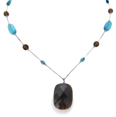 Lia Sophia  Equinox  Brown & Aqua Blue Glass Beads Silver Tone Necklace