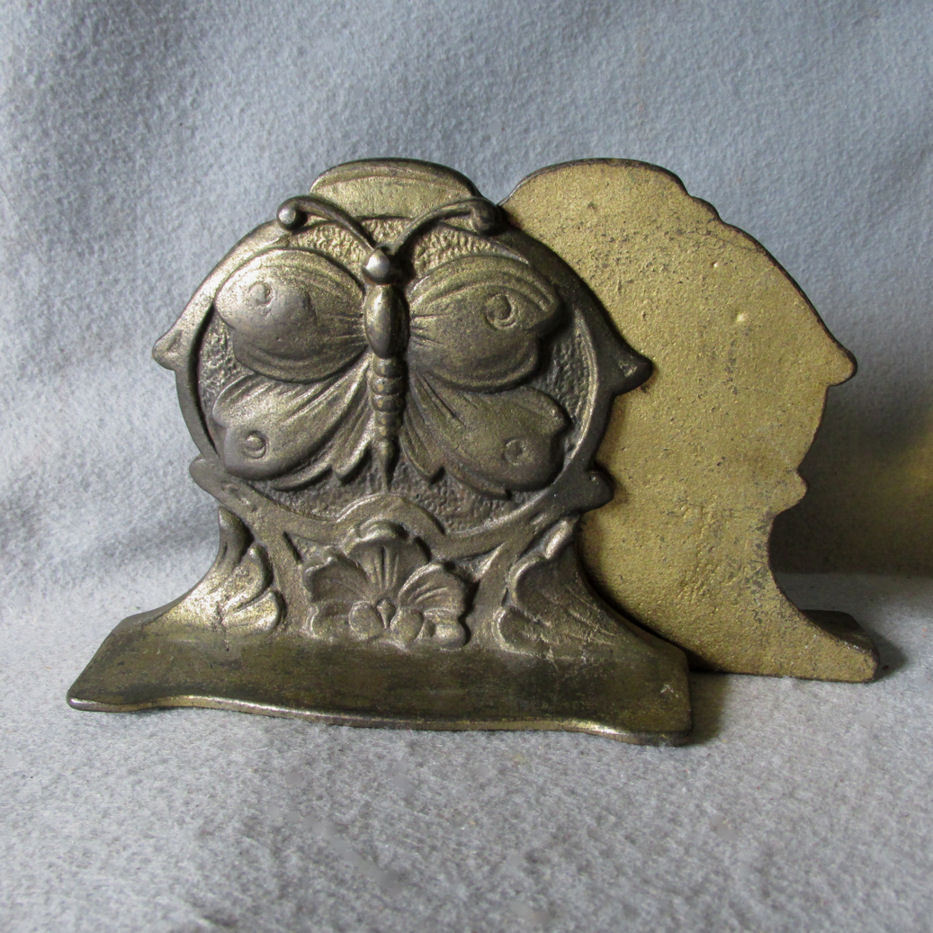 Pretty Antique Art Nouveau Butterfly Bookends, Cast Iron Desk Library Accessory