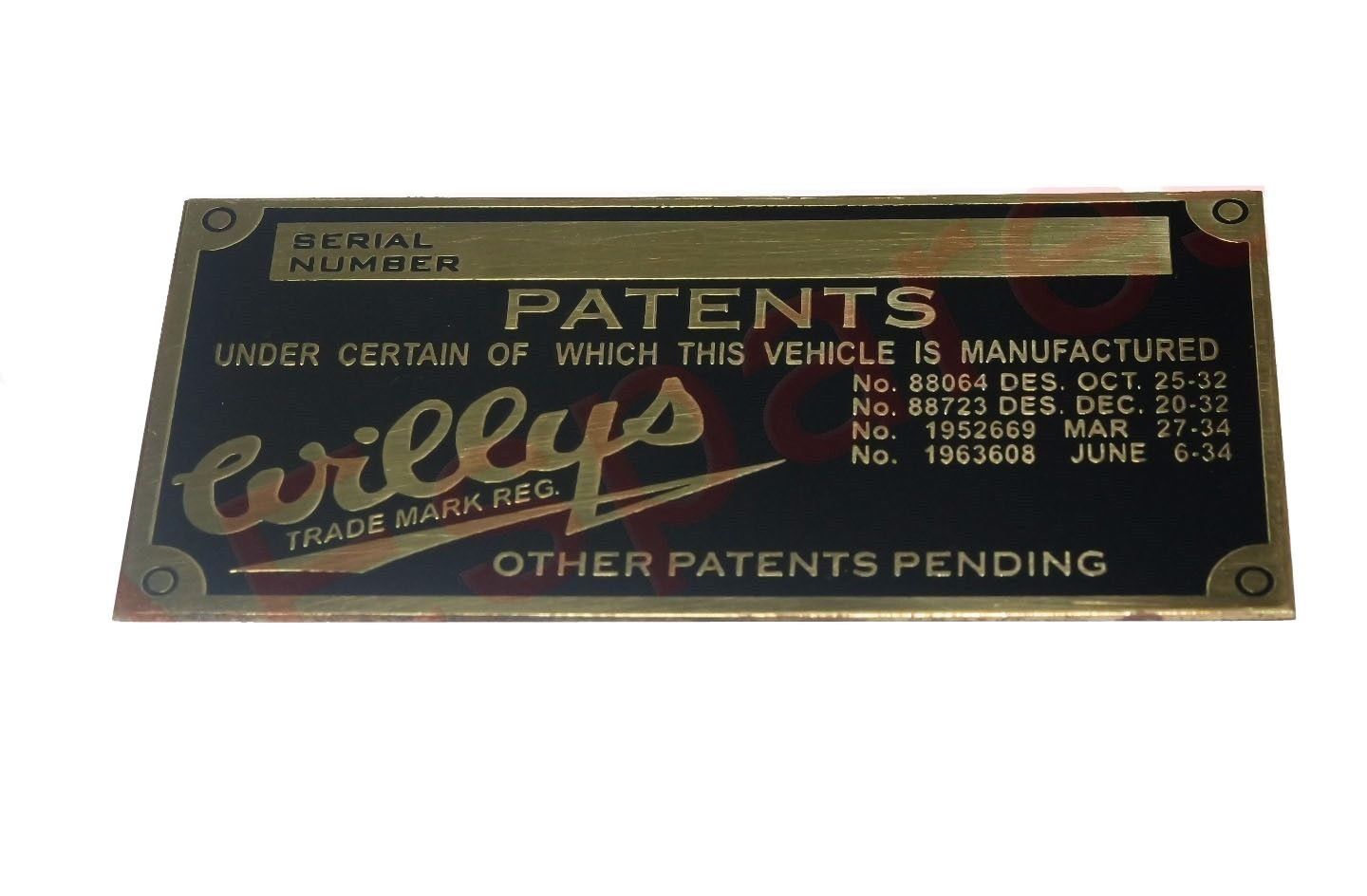 Data Patents Plate Brass For Jeeps Willys 