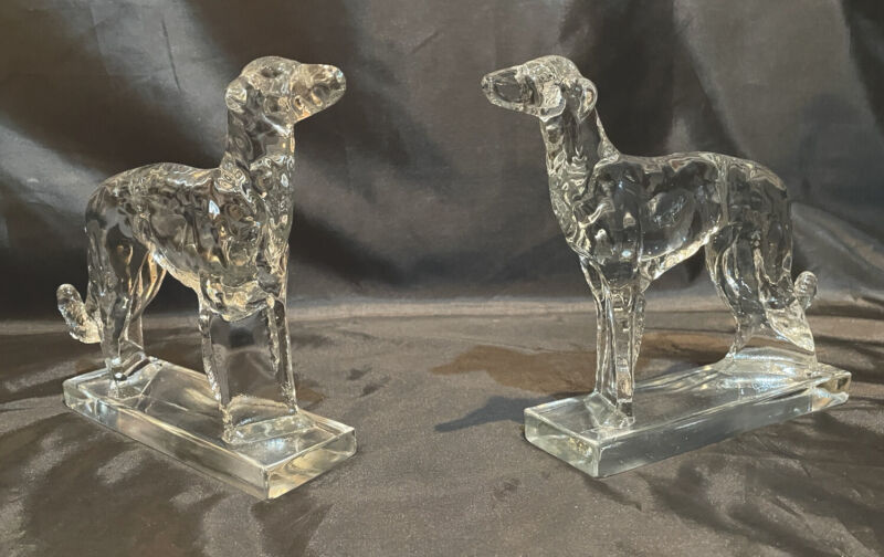 1940’s Pair of Vintage Viking Glass Borzoi Wolfhound Greyhound Bookends. MINT