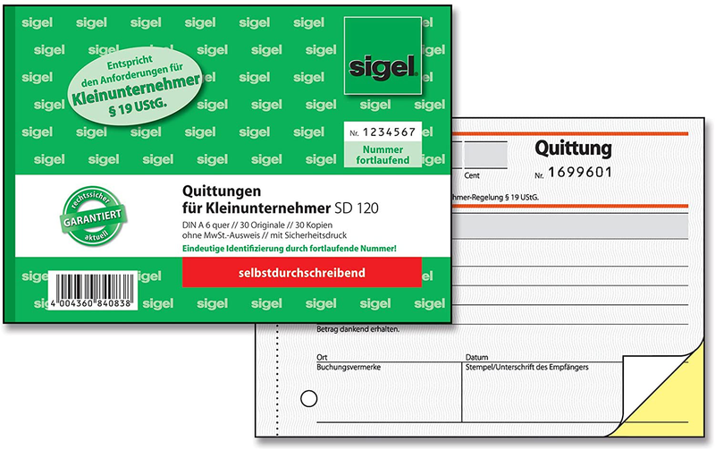 SIGEL SD120 Quittungsblock für Kleinunternehmer A6 quer, 2x30 Blatt