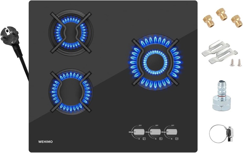 Gaskochfeld Autark 3 Flammen Glaskeramik Gasherd Einbauherd Erdgas Propangas Neu