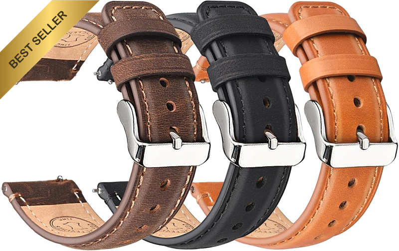 3 Pack Leather Watch Strap, 20Mm 22Mm Top Genuine Leather Watch Bands for Men, Q