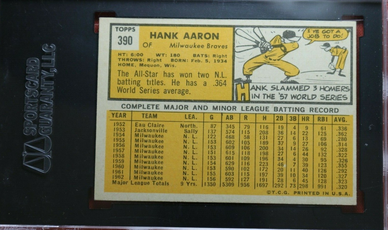 1963 Topps HANK AARON #390 baseball card SGC 84 / 7 NEAR-MINT ~NICE CENTERING~