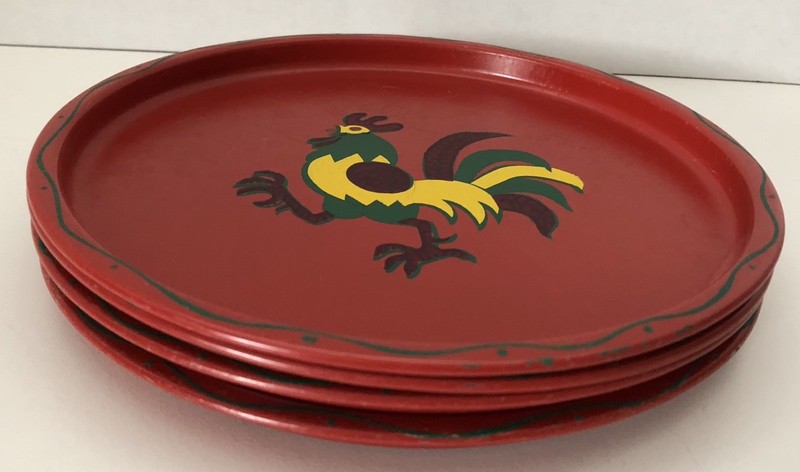 Vintage E. T. NASH CO. Red Metal 8” Plate/Platters Handpainted Roosters Set of 4