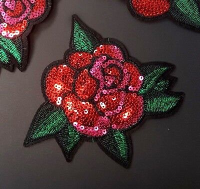 Red & Pink Sequin Rose with Leaf Embroidered Patch Iron-On/Sew On, 5'' Applique