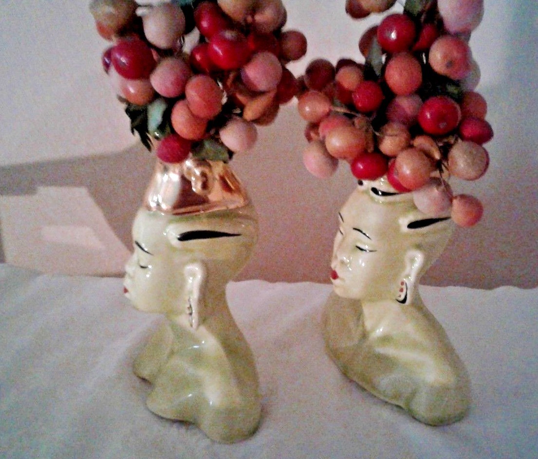Mid-Century Vintage Nubian Head Vases ~ Chartreuse & Gold ~ Male & Female Pair