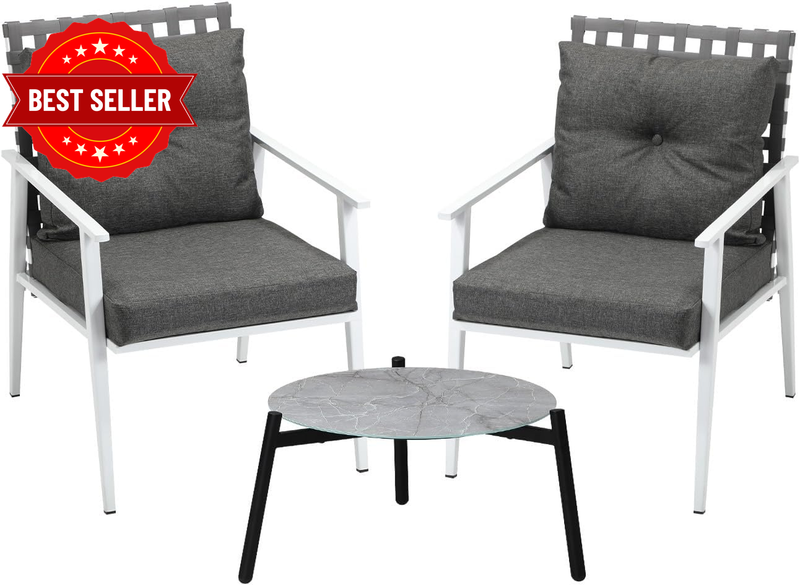Livsip 3Pc Outdoor Lounge Sets Patio Set 50CM Grey round Table Rattan Chairs