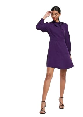 & Other Stories leopard jacquard pussybow mini dress purple Size 34 Uk 8 Rrp £65