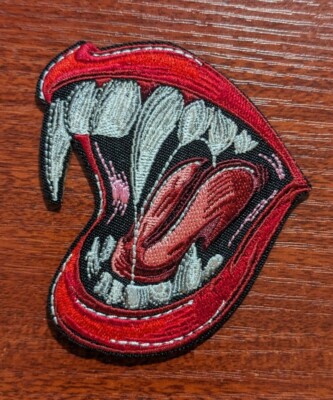 Sexy Red Vampire Lips and Fangs Goth Horror Embroidered Iron On Patch 3.25x3''