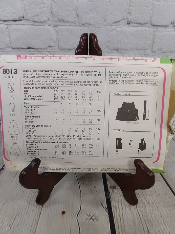Vintage Simplicity Sewing Pattern 8013 Misses Pants Skirt & Vest Size 16 1977