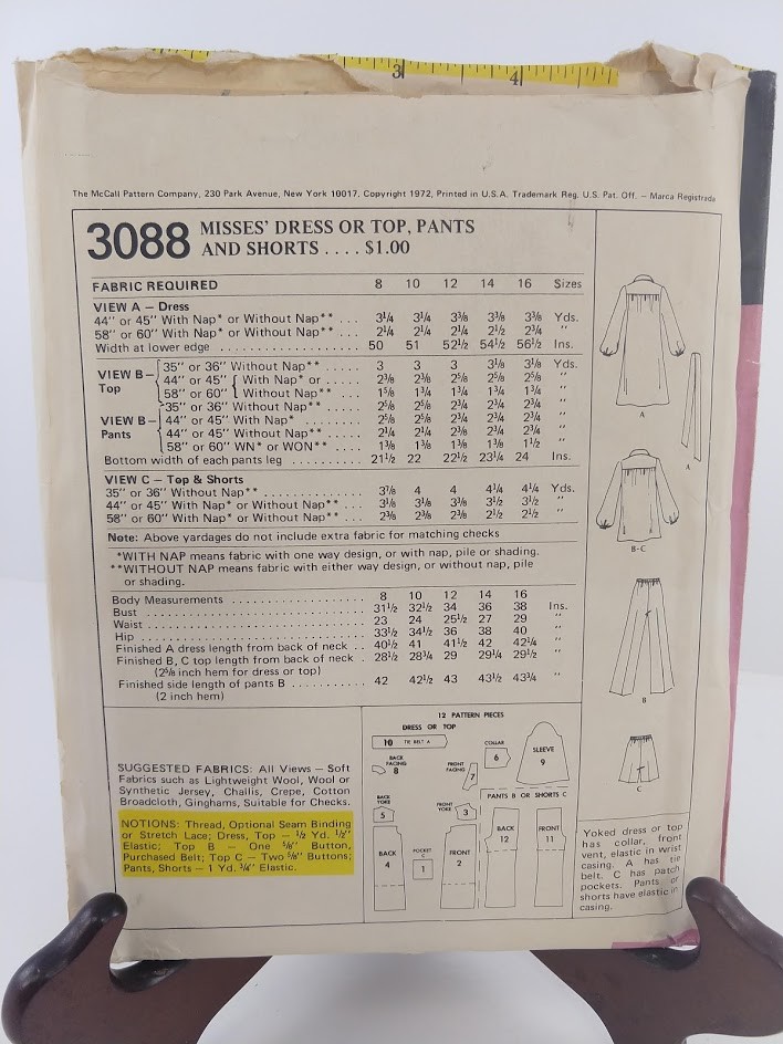 Vintage McCall's Sewing Pattern 3088 Miss Dress or Top, Pants, Short SZ 14 Uncut