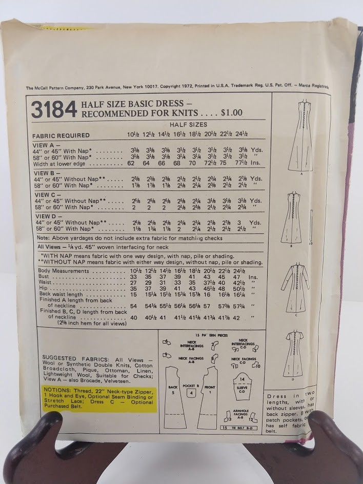 Vintage McCall's Sewing Pattern 3184 Half Size Basic Dress Size 14.5 Uncut 1972