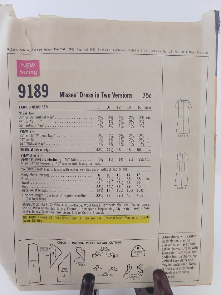 Vintage McCall's Sewing Pattern 9189 Misses Dress in 2 Versions SZ 12 Uncut 1968