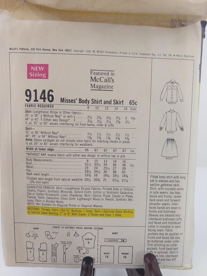 Vintage McCall's Sewing Pattern 9146 Misses Body Shirt & Skirt SZ 14 Uncut 1968