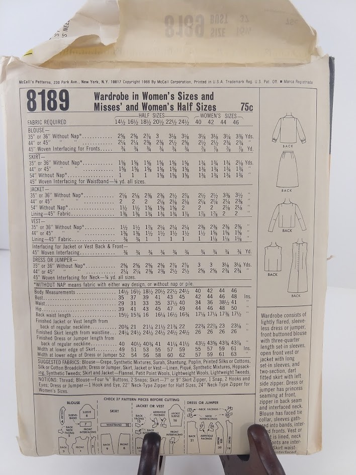 Vintage McCall's Sewing Pattern 8189 Misses & Women's Wardrobe SZ 16.5 1966