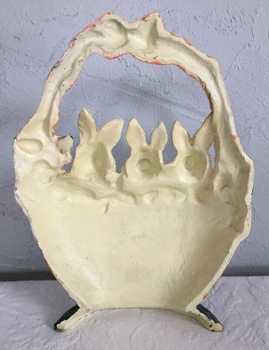 Cast Iron Door Stop Easter Basket Rabbits Flowers Hand Painted Spring Decor