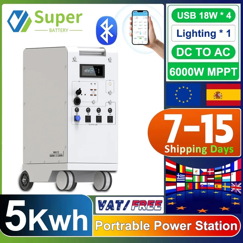 5000W Portable Power Station LiFePO4 48V 100Ah 5Kwh 6000W MPPT Inverter With Lig
