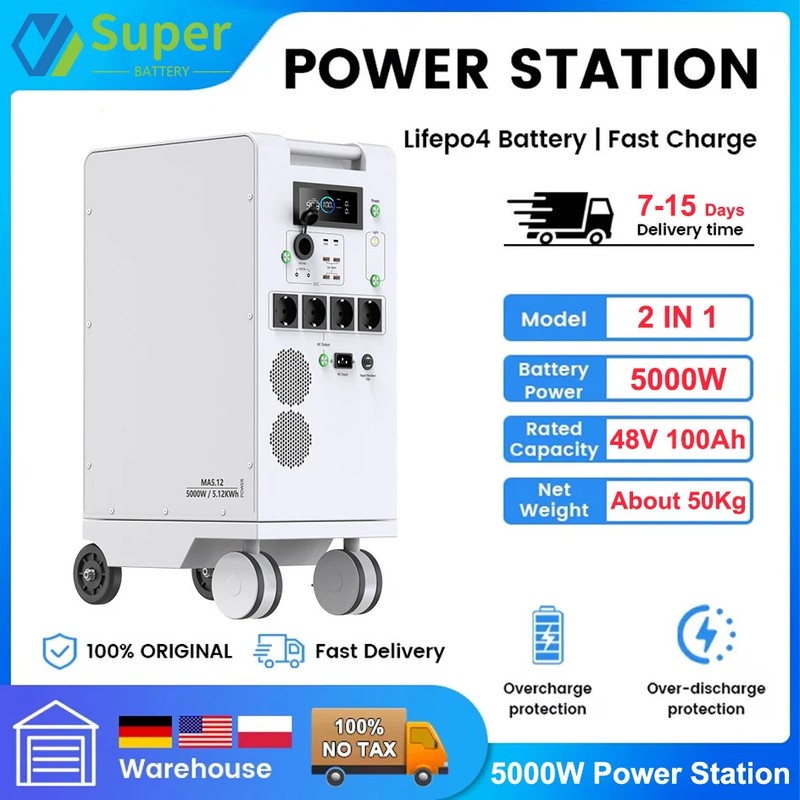 Portable Power Station 5000W LiFePO4 48V 100Ah 5Kwh 6000W MPPT Inverter With Lig