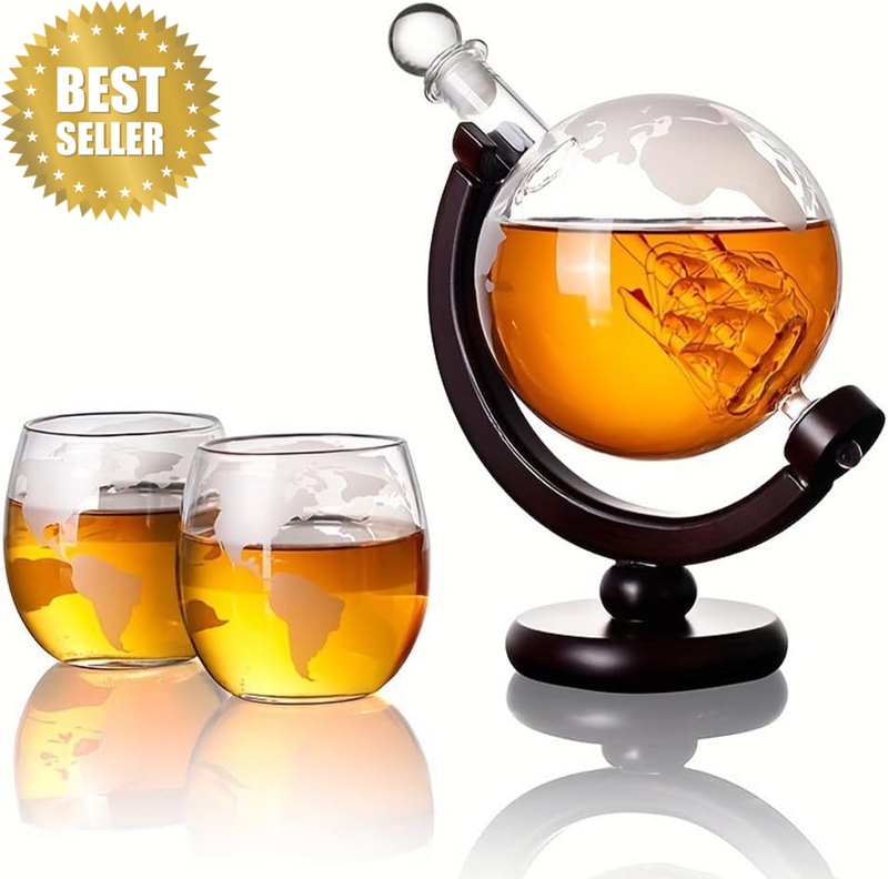 Elegant Globe Decanter Set – Hand-Blown Glass Decanter, with Two 250Ml Etched Gl