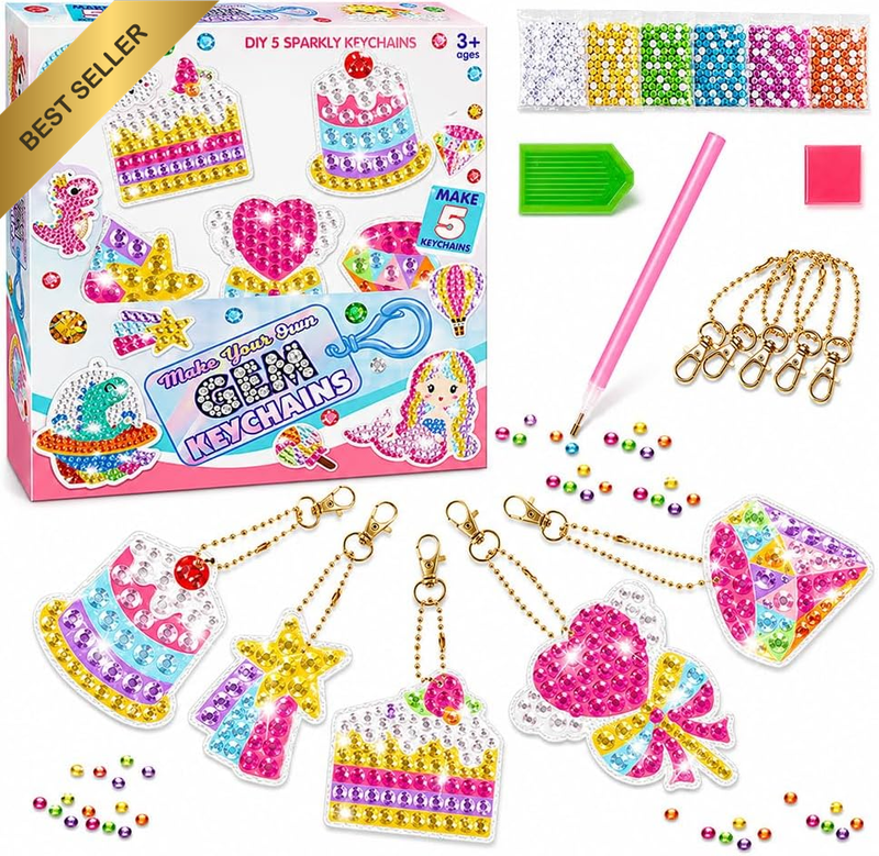5 Pcs Arts and Crafts Diamond Painting Kits for Kids,Gem Art Keychains Craft Set
